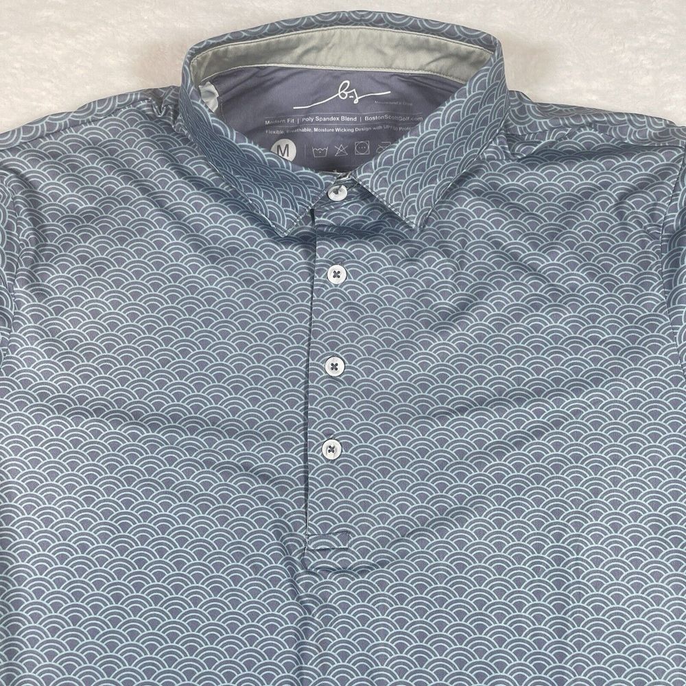 Boston Scott‎ Golf Performance Polo Shirt Modern Fit Mens Medium Blue Geometric